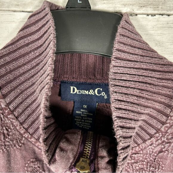 DENIM & CO. Mineral Wash Burgundy Cotton And Knit Embroidered Jacket 1X - Picture 6 of 10